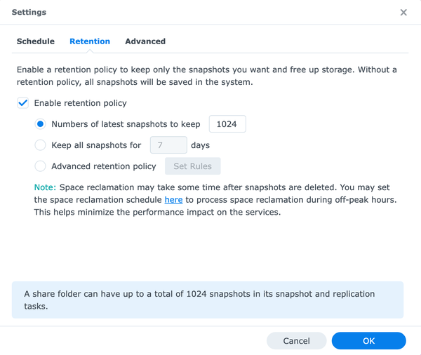 I set the number of latest snapshots to keep to the maximum. If you  don’t set up a retention policy, snapshots will stop once you have reached the maximum of 1024.