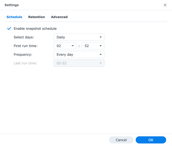 The setting for the snapshot schedule depends on how often your data changes and what is your accepted amount of data loss. For most of my shared folders, it is more than enough to take a snapshot every 24 hours.